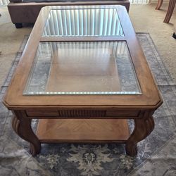 Wood Coffee Table with Glass Top and Storage Shelf
