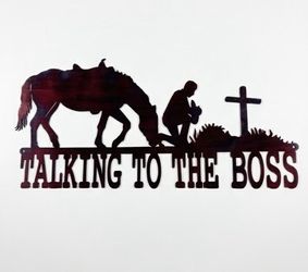 Talking to Boss Male With Horse and Cross Metal Sign 12x24