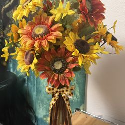 Beautiful Handmade Artificial Sunflower Arrangement with a Sunflower Bow and Glass Vase.   