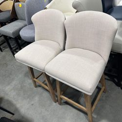 CHITA 26 in Swivel upholstered Counter Bar Stool Set of 2, Wood Legs, Fabric in Linen