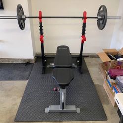 Weight bench, Squat rack, Olympic barbell, two 45 weight plates, weight claps, exercise mat
