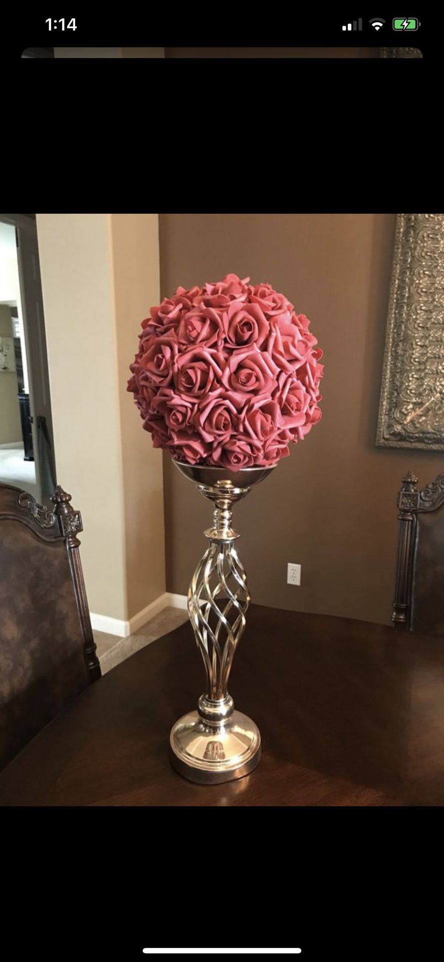 Gold Candle Holder & Pink rose ball