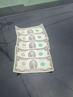 Five, crisp 2017 series A $2 dollar bills, G0(contact info removed)B -965B