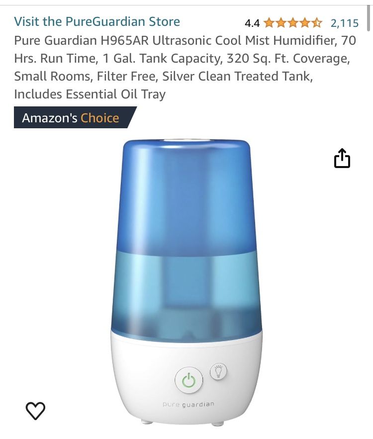 Pure Guardian H965AR Ultrasonic Cool Mist Humidifier, 70 Hrs Run Time, 1 Gal Tank Capacity, 320 Sq. Ft