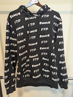 FTP x FUCT Men’s L Black/White Allover Logo Print (Fleece Pullover Hoodie)