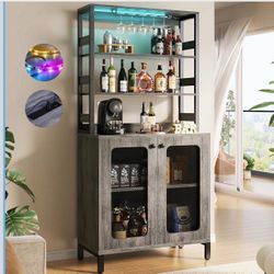 Aheaplus Bar Cabinet with Power Outlets, 26.9" Wine Bar Cabinet Liquor Cabinet with LED Lights and Glass Holder, Coffee Bar Station Microwave Stand, B