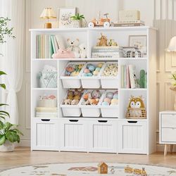 Toy Storage Organizer with 6 Toy Bins, Toy Organizer Kids Bookshelf with 4 Movable Drawers and 6 Storage Cubbies, Toy Bins for Kids Organizer Playroom