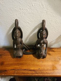 Vintage Africa Tribal Carved Wood Marriage Wedding Man Woman Fertility Double Chain Wall Hanging