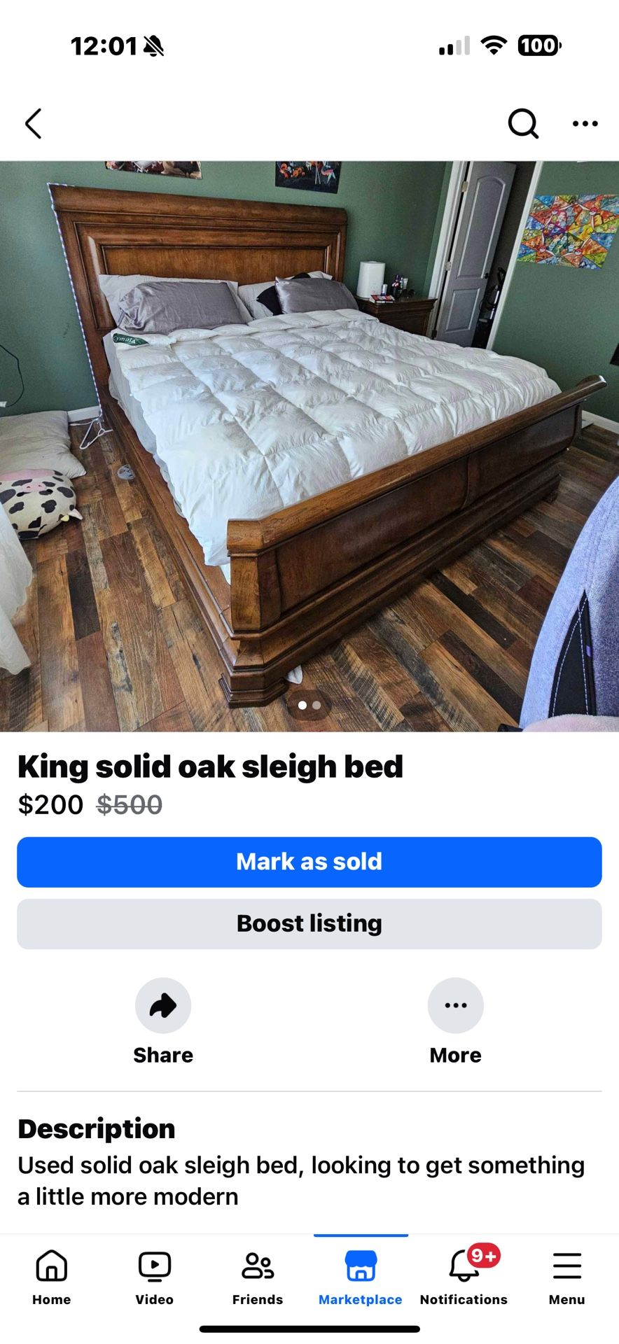 1990’s King Sleigh Bed, Solid Oak.
