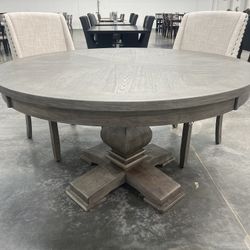 60” Round Dining Table With 4 Beige Fabric Chairs