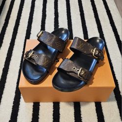Louis Vuitton Brown Buckle Bom Dia Monogram Flat Slide Sandals EU Size 40