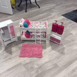 American Girl Doll Bunk Beds, Dresser, Shelves, And Suitcases