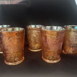 Five Marigold Carnival Glass Floral And Grape Tumblers 