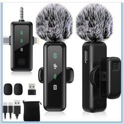 Pop voice Wireless Lavalier Microphone, Noise Cancelling Lapel Recording Entry-Level 2 Pack Mics, 3IN1 Port for Most Devices
