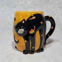 Embossed Black Cat Halloween Ceramic Mug Susan Winget 3D Collectible Cup 22 Oz.