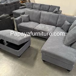 106”L Plush Sectional Sofa With USB Charger, Cordoroy Couch, Grey Sofa, Grey Sectional, Grey Couch, Light Grey Sofa Couch And Storage Ottoman, Couch