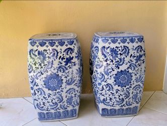 Rare Pair Vintage White & Blue Floral Vine Garden Stool,19" H x 10" W.