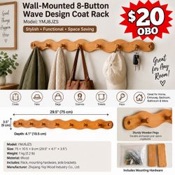 Wall-Mounted 8-Hook Wave Design Coat Rack