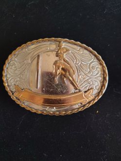 Used Western Vtg BELT BUCKLE Nickel Silver Cowboy Riding Horse With Post