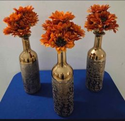 *** CLEARANCE *** Gold Plated Bottle Vases w Bouquets of Faux Sunflowers here @ Lasting Creations