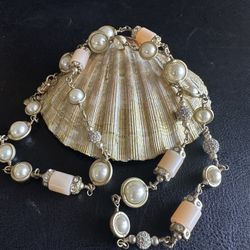 J. Crew 30" Gold-Tone Necklace Featuring Faux Pearl, Pink Beads & Crystal Rondelle Stations 2000s.