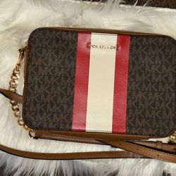 Michael Kors Jet Set Medium Logo Stripe Camera Brown Bag