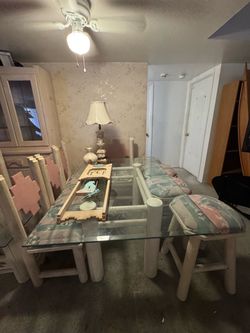 Glass Top Dining Table with Chairs and shelving