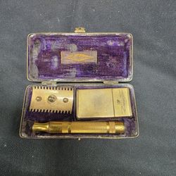 Antique Gillette Pocket Edition Brass Safety Razor Set w/ Case & Blade Box c1907