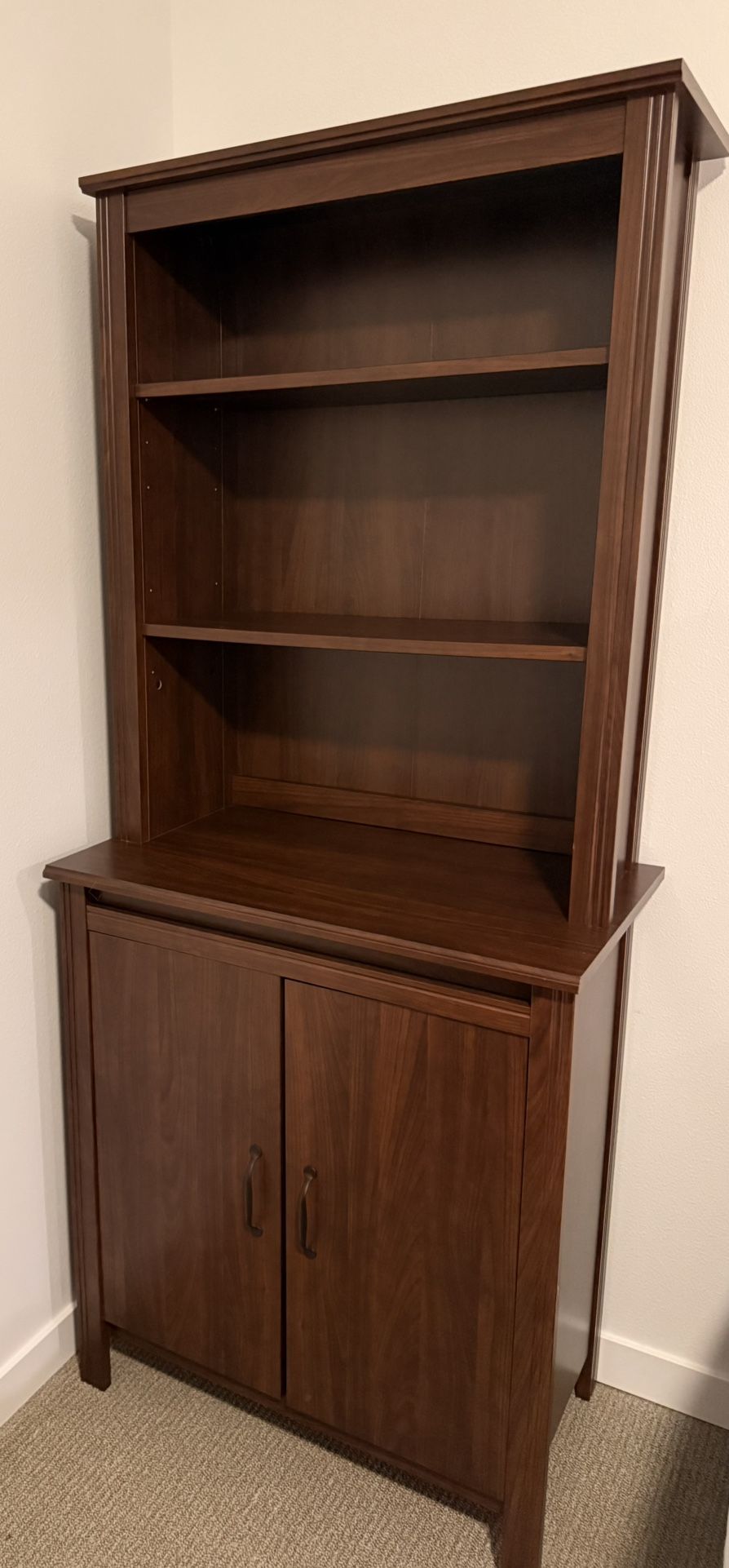 Tall Dark Wood Cabinet with Bookshelf & Storage Doors – Excellent Condition 