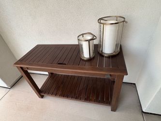 Wood Slatted Indoor/Outdoor Pottery Barn Table With Ice & Cold Beverage Holder.
