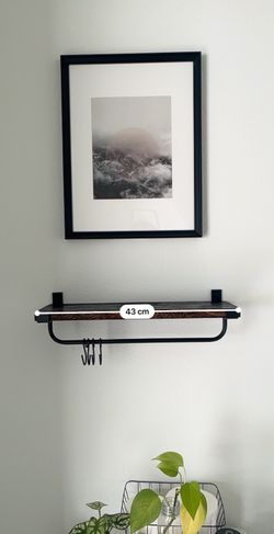Wall-Mounted Wood and Metal Shelf with Hooks