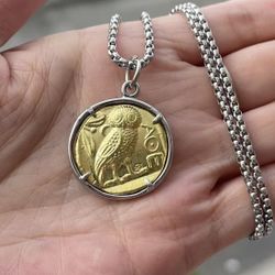 Womens Mens Vintage Copper Ancient Greek Owl Bird Athena Coin Pendant Necklace