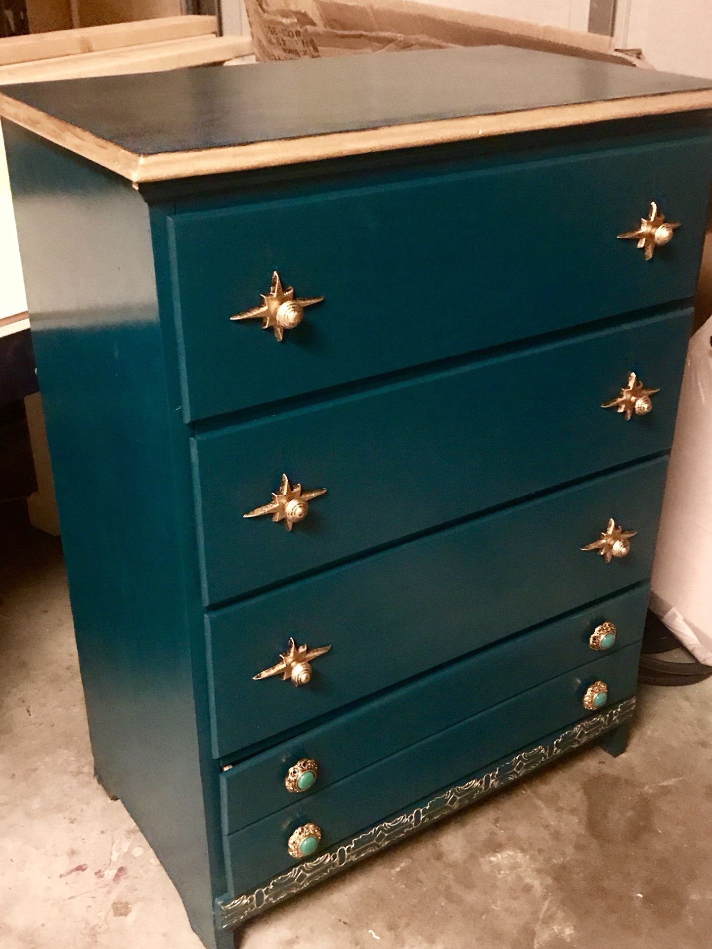 Hand painted vintage dresser-dark teal with gold leaf and designer knobs