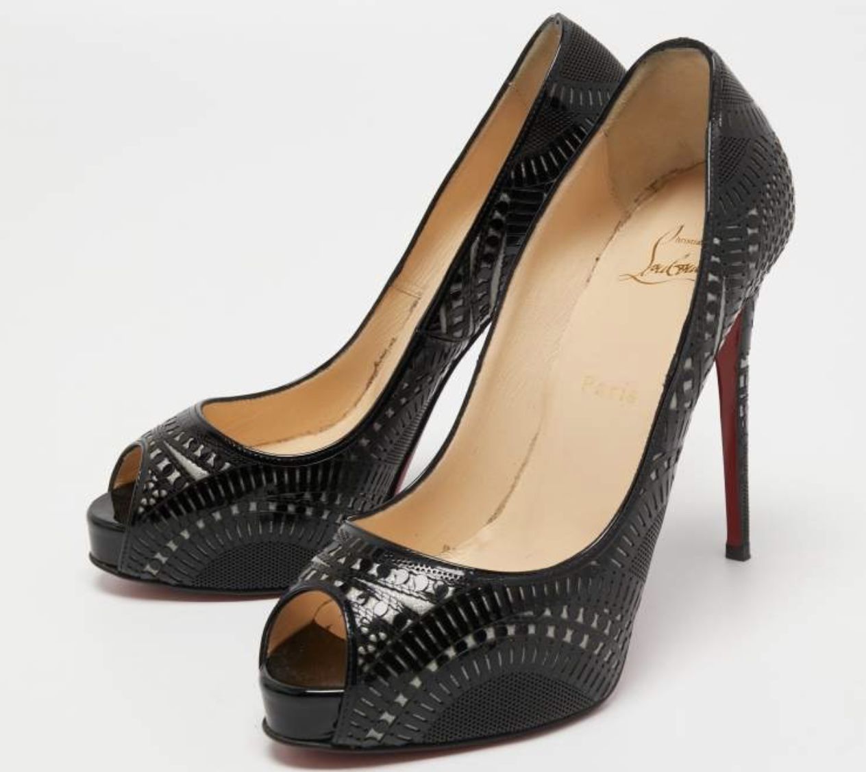 Christian Louboutin Black Patent Leather Suellena 120 Peep Toe Pumps