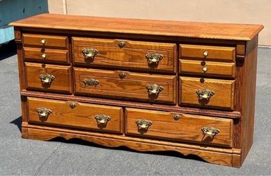 Antique Oak Wood Dresser with Brass Hardware
