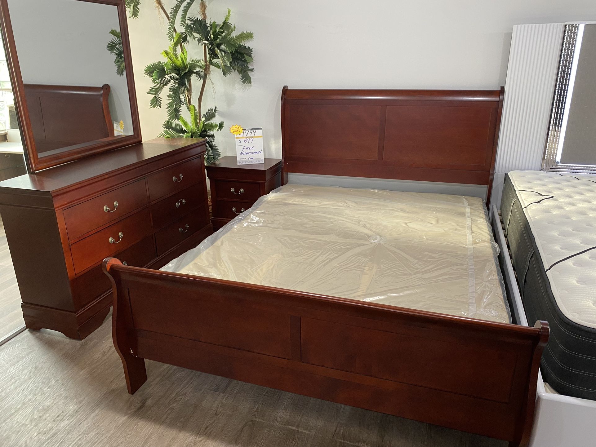 Queen Bed With Dresser, Mirror, And Nightstand