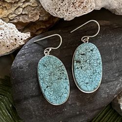 Large Oval Natural Turquoise Gemstone Sterling Silver Earrings