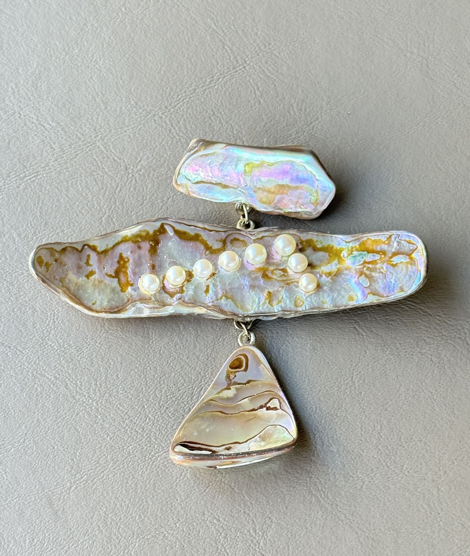 Vintage Sterling Silver Abalone Shell & Pearl Pendant Large Heavy 3.5”