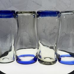 Mom’s Set of (4) Orion pint Mexican Glassware Cobalt blue Rim handblown &  Rustic.  EASY GRIP STYLE! 14oz Cantina Beer Glasses. Three sets available.
