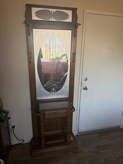 Vintage Wood Hall Tree with Mirror and Storage