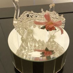 Rotating Mirror and Blown Glass Piano with Pink Bow Musical Figurine