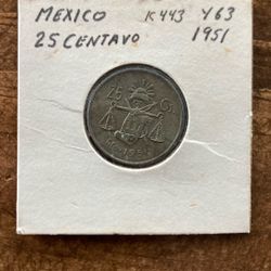 1951 Mexican 25 Centavos Coin 30%silver