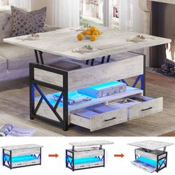 40" Inches Lift Top 4 In 1 LED Coffee Table With 2 Drawers Storage White