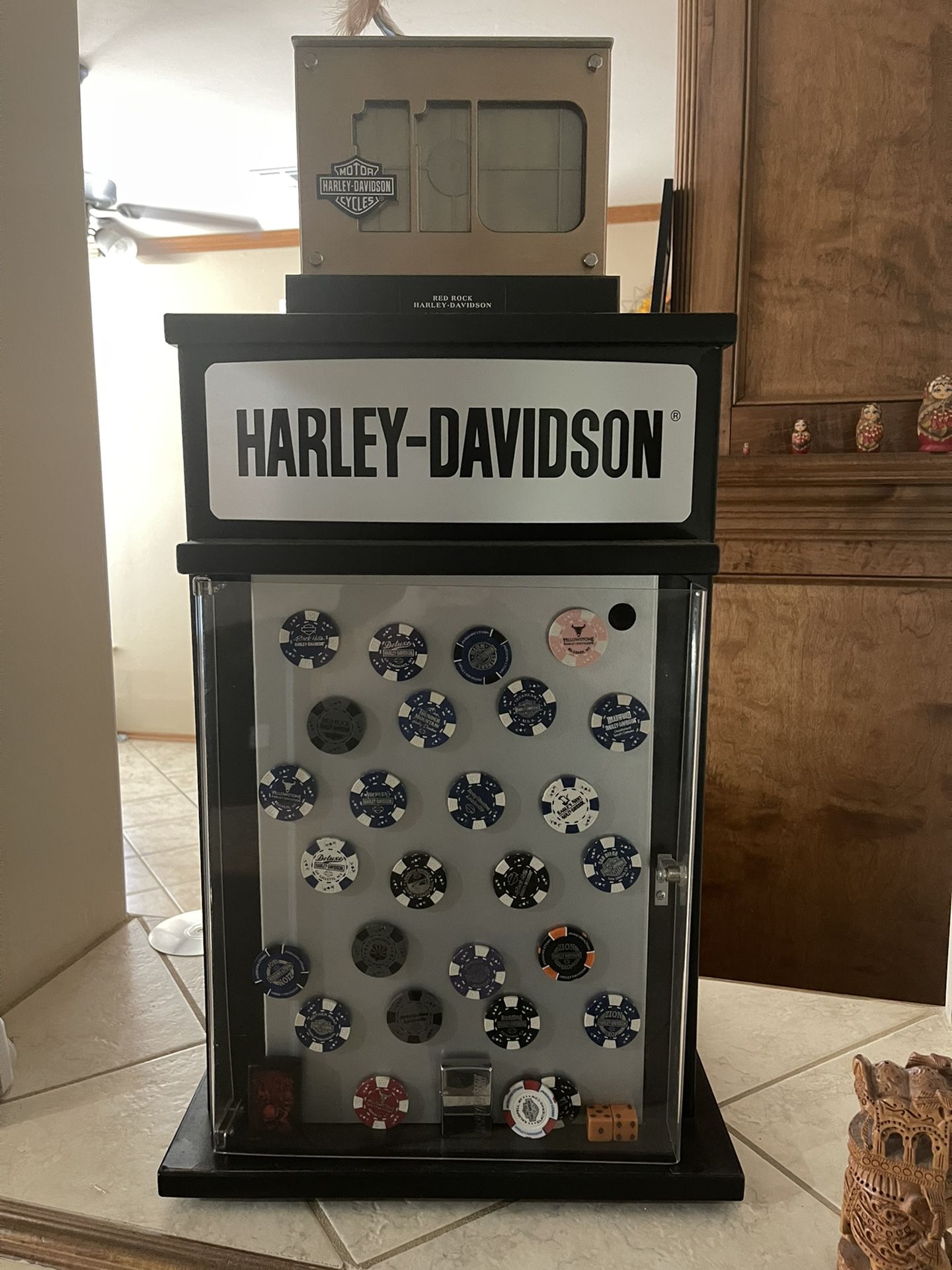 Harley Davidson display case with internal storage