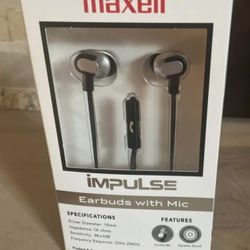 MAXELL: IMPULSE, Wired Earbuds, w/3.5mm Jack Auxiliary Connector, w/Mic.  [Color: Black/SIlver].  (Retail: $29.⁹⁹ USD) 