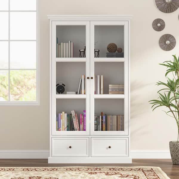 70.9 in. H White Wood 2-Acrylic Door Accent Cabinet with 3-Tier Shelves and 2-Drawers Storage Cabinet Bookshelf Cupboard