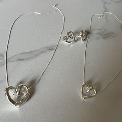 Thick Open Heart Set Necklace & Earrings Silver .925 