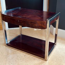Mid-century Style Wooden Nightstands With Silver Elements And A Lockable Drawer