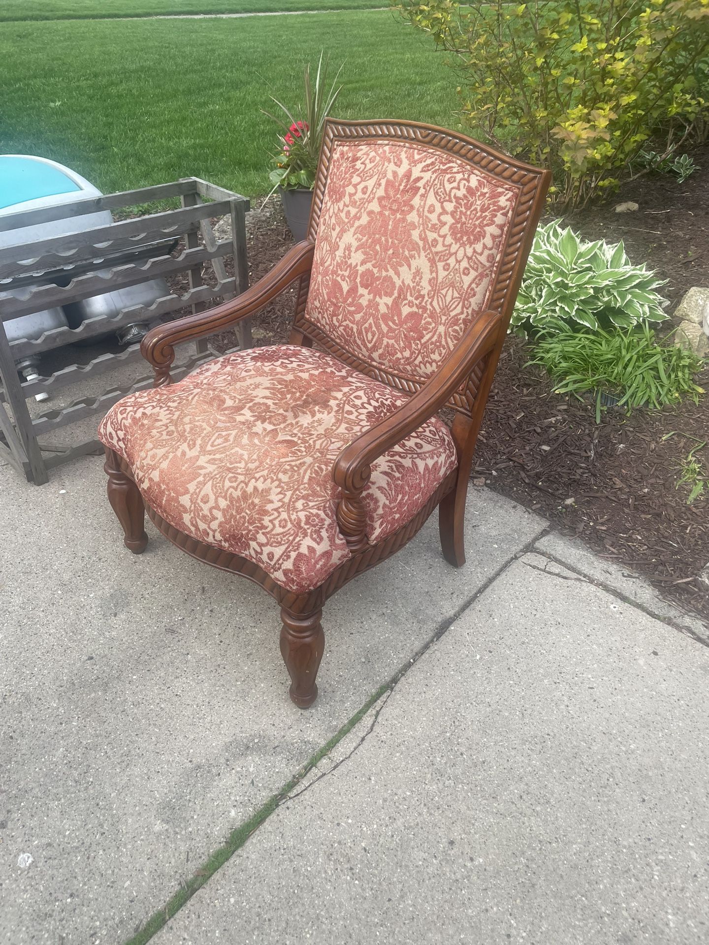 Vintage Living Room Wooden Chair, padded and upholstered, 27 wide, 24 deep, back at 39, solid, $10