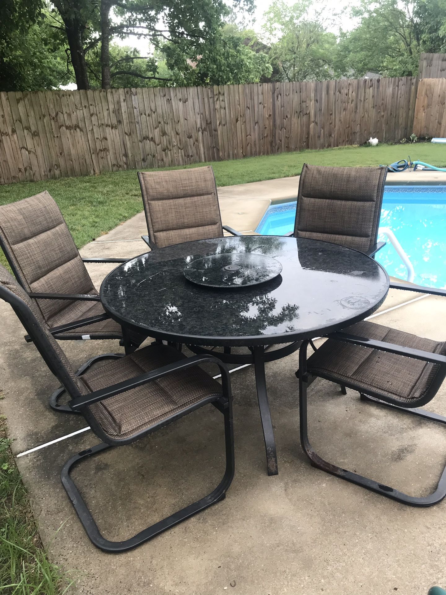 Glass table, lazy Susan and 5 chairs